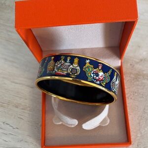 Hermes Blue Multicolor Enamel Wide Bangle with Gold Trim